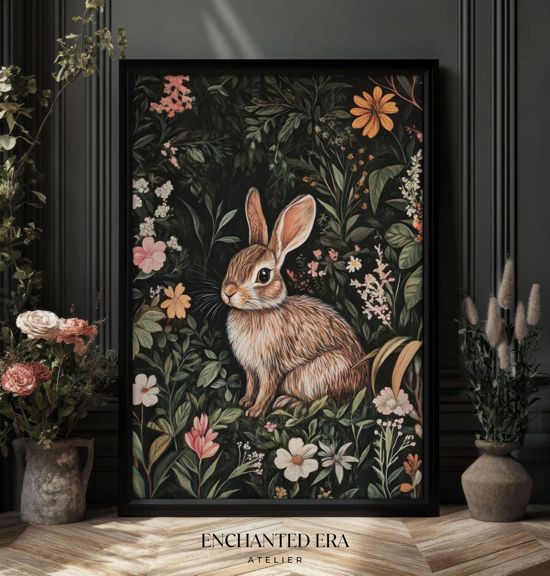 Little Rabbit William Morris Style Print, Moody Dark Cottagecore ...