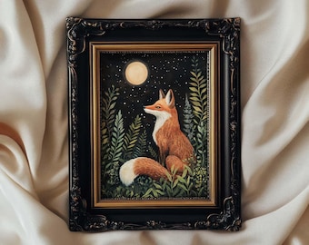 Fox under Full Moon Print Mystical William Morris Style, Dark Cottagecore Folklore, Botanical Print, PRINTED AND SHIPPED, #98