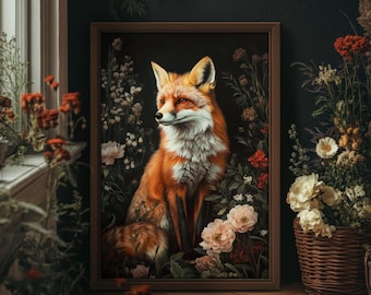 Moody Fox in English Garden William Morris Print, Dark Cottagecore, Green Floral Wall Decor, Botanical Print, PRINTED AND SHIPPED, #46