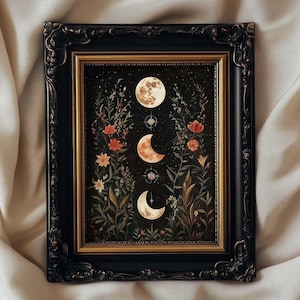 Floral Moon Print Dark Cottagecore William Morris Wall Art, Celestial Print, Witchy Gothic Decor, Botanical Print, PRINTED AND SHIPPED, #123