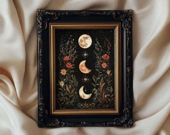 Floral Moon Print Dark Cottagecore William Morris Wall Art, Celestial Print, Witchy Gothic Decor, Botanical Print, PRINTED AND SHIPPED, #123