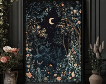 Forest Night Print Dark Cottagecore William Morris Style Wall Art, Celestial Whimsigoth Decor, Botanical Print, PRINTED AND SHIPPED, #79