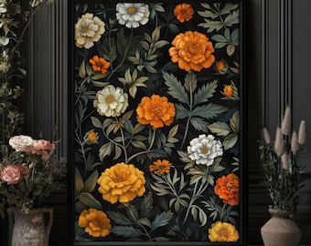 Puede incluir: Una impresión enmarcada que presenta una ilustración botánica de flores naranjas y blancas sobre un fondo negro. La impresión se titula "Enchanted Era Atelier".