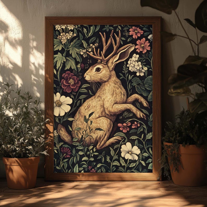 May include: A framed print of a brown rabbit with antlers, surrounded by a dark green, blue, and purple floral pattern. The rabbit is sitting on its hind legs with its front paws raised.