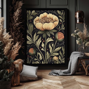 May include: A black and white botanical print featuring a large yellow flower with intricate details. The print is framed and hanging on a dark wall.