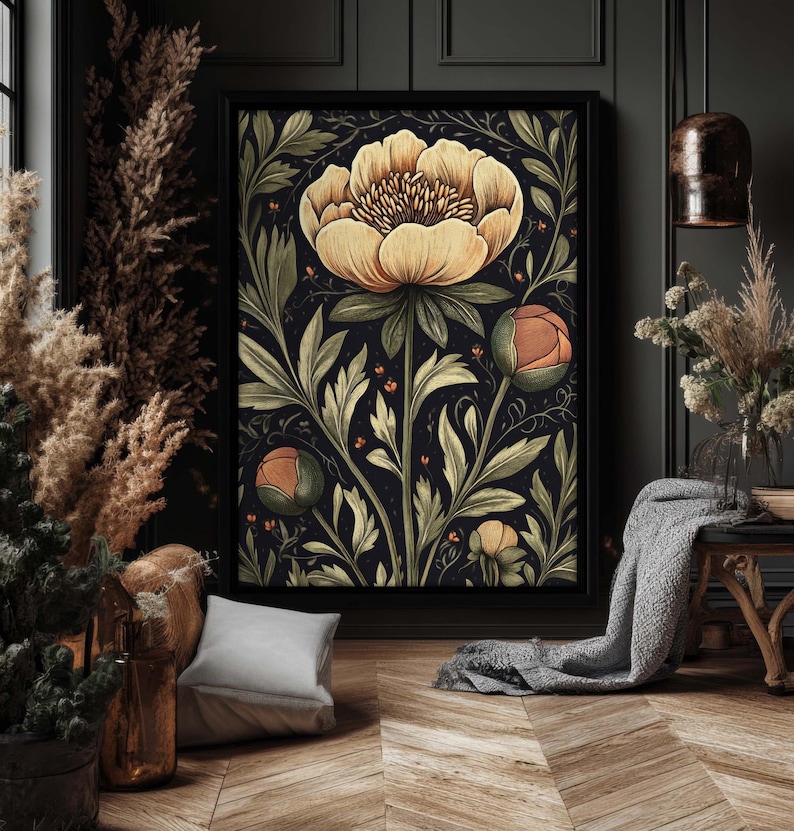 May include: A black and white botanical print featuring a large yellow flower with intricate details. The print is framed and hanging on a dark wall.