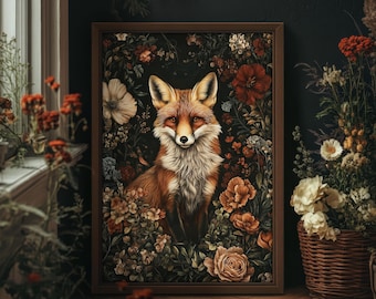 Fox in Enchanted Garden William Morris Style Print, Dark Cottagecore, Floral Wall Decor, Botanical Print, PRINTED AND SHIPPED, #57