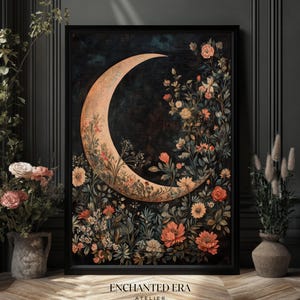 Floral Crescent Moon Dark Cottagecore William Morris Print, Lunar Wall ...