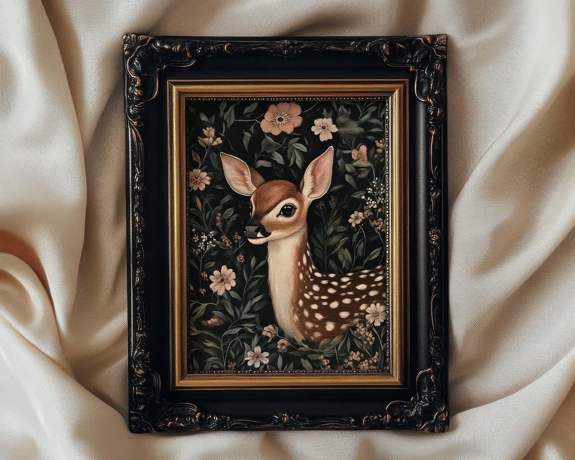 Fawn Print Dark Cottagecore, William Morris Style Wall Art, Mystical