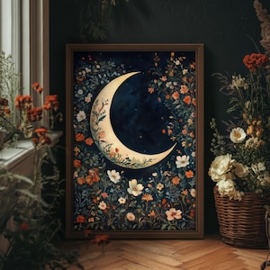 Floral Crescent Moon Dark Blue Cottagecore William Morris Print, Lunar Wall Art, Whimsigoth Decor, Botanical Print, PRINTED AND SHIPPED, #56