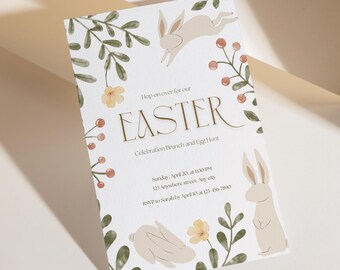 Easter Egg Hunt Invitation Template, Bunny Beige Themed Invitation, Easter Party Invitation Template, Editable Easter Lunch Invite Template