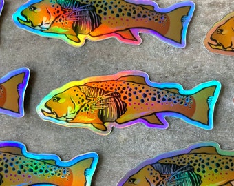 Mini Holographic Skeleton Brown Trout Sticker - Perfect Fishing Sticker for Fishing Gear, Water Bottles, Cars  - Zombie Trout, Fish Stickers