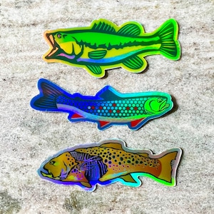 Mini Holographic 3 Piece Sticker Pack, Holographic Largemouth Bass Sticker, Holographic Brook Trout Sticker, Holographic Brown Trout Sticker