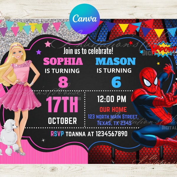 Doll and Spiderman Invitation template - Editable Invite - Doll and Spiderman Party Printable Invitation -Digital File. Editable canvas.