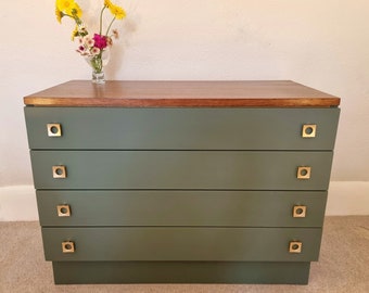SOLD SOLD Retro vintage chest of drawers hand painted in Cornish Milk Mineral Paint ‘Samphire’ green