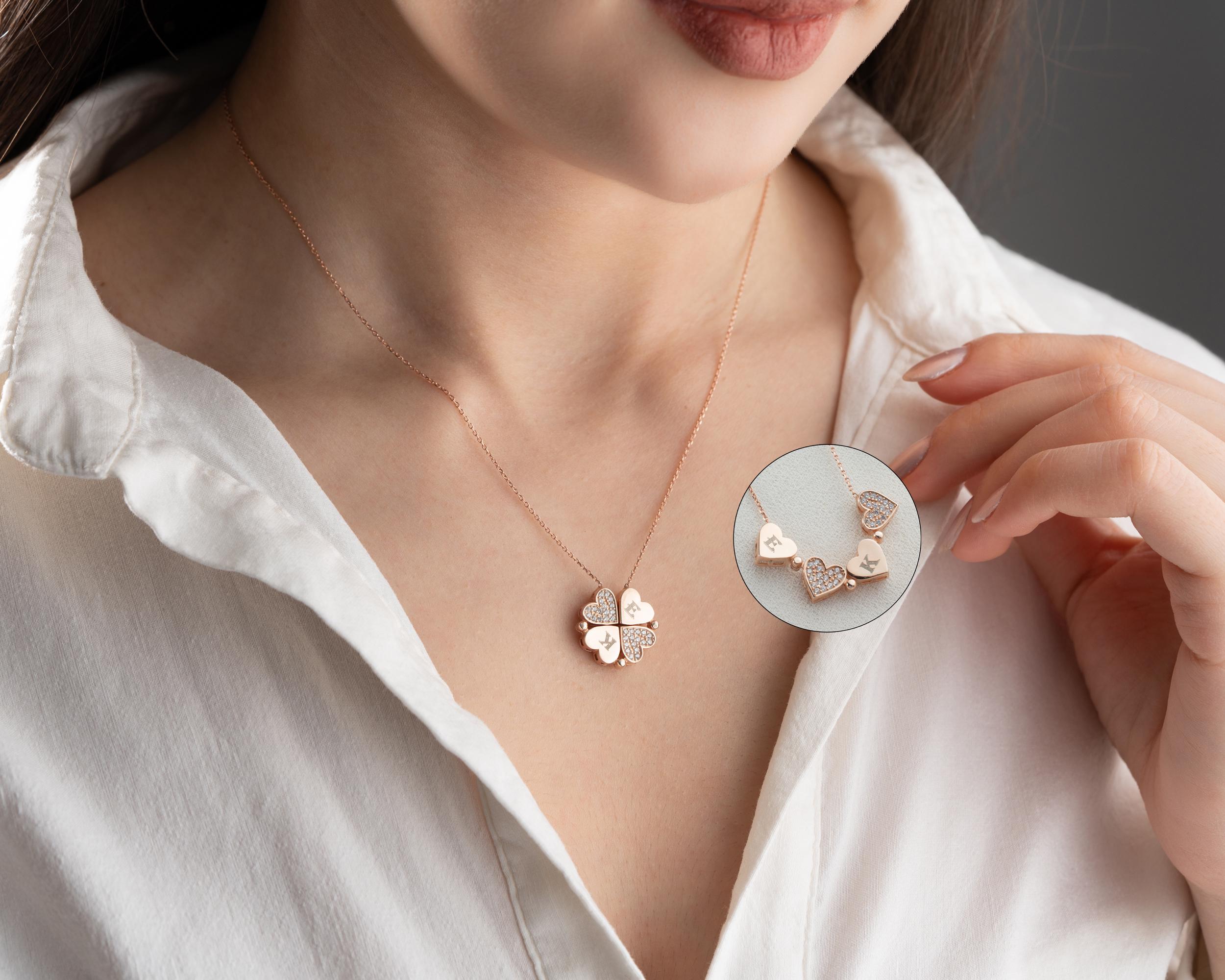 Initial Clover Necklace With Magnetic Openable Hearts