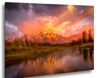 Grand Teton Sunrise Photo, Wyoming Landscape Acrylic or Metal Print, Mountain Reflection, Nature Decor
