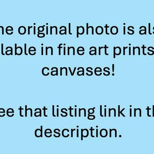 May include: Text on a light blue background reads: "The original photo is also available in fine art prints and canvases! See that listing link in the description."