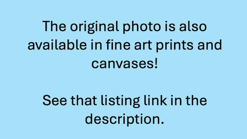 May include: Text on a light blue background reads: "The original photo is also available in fine art prints and canvases! See that listing link in the description."