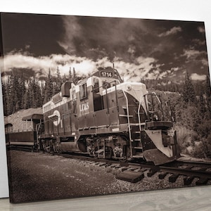 Black and White Colorado Train Print, Sepia Photo Canvas, Old Leadville Engine Locomotive, High line Mountain Scene, Vintage Train Engine