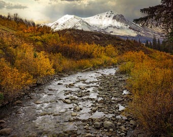 Crested Butte Colorado Landscape Photo Print, Snowy Mountain Peaks over Stream, Autumn Aspen Trees, Fall Canvas, San Juan Rocky Photography
