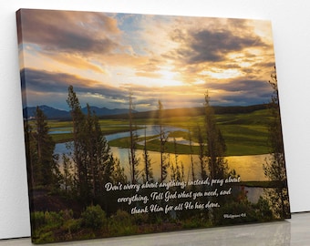 Philippians 4:6 Inspirational Scripture Wall Art, Yellowstone Sunrise, Christian Canvas Print