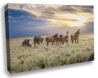 Wyoming Wild Horses Wall Art Print, Wild Mustang Photo Canvas, Cowboy Old West Decor