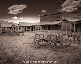 Old West Ghost Town Sepia Photography Decor, Old Wagons Wyoming Photo, Rustic Style, Cowboy Art, Western Art Wall Pictures, Wrapped Canvas,
