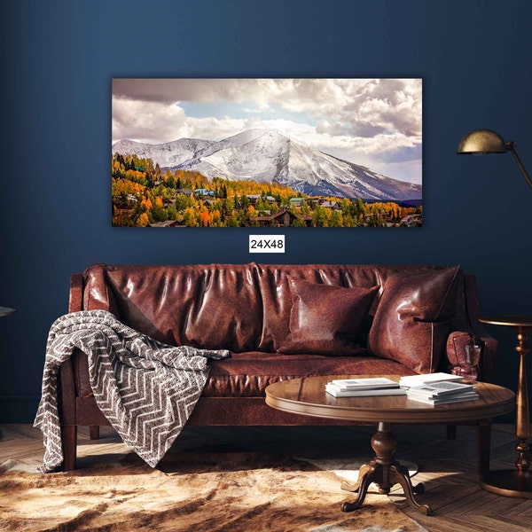 Panoramic  Snowy Mountain Peak Landscape Photo, Crested Butte Colorado, Autumn Aspen Trees, Fall Canvas Print, San Juan Rocky Mountains