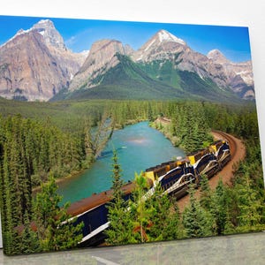 Train and Mountains Photo Canvas, Morant's Curve, Banff National Park Canada Landscape Print, Rocky Mountain Decor, Large Wall Art Prints