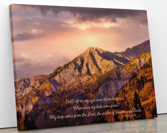 Schriftmuurdoek, Psalm 121:1-2 I Will Lift Up My Eyes, christelijk inspirerend kunstwerk