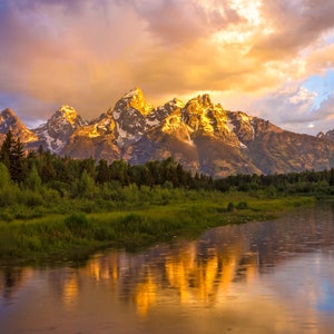 Grand Teton Sunrise, Schwabacher Landing, National Park Landscape Print, Mountain Reflection, Wyoming Canvas Wall Art Prints, Snake River