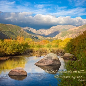 Psalm 23:3, Christian Inspirational Wall Art, Scripture Wall Canvas, He Restores My Soul, Colorado Landscape Photography, Customization