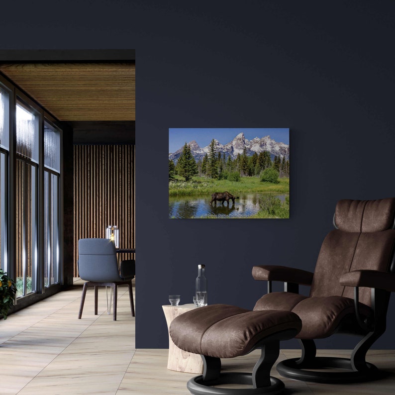 Op de afbeelding: Een bruine leren relaxfauteuil met een bijpassende voetenbank, geplaatst tegen een donkerblauwe muur met een ingelijste foto van een bergketen en een eland die drinkt uit een meer.