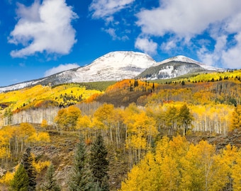 Puede incluir: Un pico de montaña cubierto de nieve se eleva sobre un bosque de árboles amarillos, naranjas y verdes. Los árboles están en varios tonos de follaje de otoño, creando un paisaje vibrante y colorido.