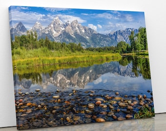 Grand Teton National Park Mountain Reflection, Schwabacher Landing, Wyoming Landscape, Mountain Photo Canvas Wall Art Prints, Decor for Home