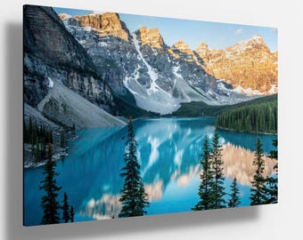 Moraine Lake Sunrise Acrylic Photo Print, Banff National Park, Canada Landscape Metal Print, Turquoise Water Reflection, HDR Metal Photo