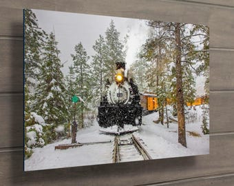 Durango Train Metal Print, Winter Snow Scene, Narrow Gauge Railroad, Train Engine, Colorado Acrylic Wall Art, Large Photography