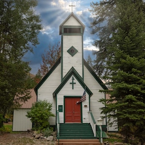 Old Country Church Photo Canvas Print, Colorado Mountain Photography Vertical Photo, Marble Forest Scene, Landscape Art