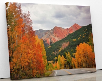 Red and Orange Aspen Trees Photo Print, Red Mountain Pass, Million Dollar Highway in Autumn, Colorado Fall Landscape, Photography Canvas