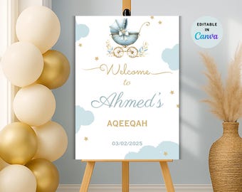 Aqiqah Welcome Sign | Editable Blue Aqiqah Welcome Board | Islamic Decor | Muslim baby boy | Editable Canva Template | Islamic Baby Shower