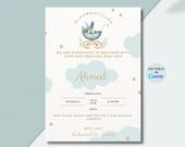 Muslim Baby Boy Birth Announcement | Blue & Gold Cloud Birth Announcement | Islamic Birth Announcement | Editable Canva Template