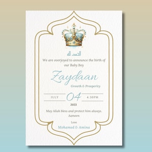Faire-part de naissance musulman bleu et or | Carte islamique bébé garçon | Arrivée personnalisée de nouveau-né musulman