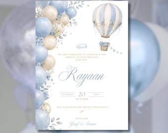 Geboorteaankondiging voor een islamitische babyjongen | Geboortekaartje met luchtballon | Blauwe geboorteaankondiging voor een babyjongen | Bewerkbaar Canva-sjabloon