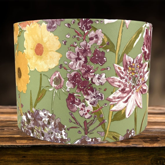 Floral Lampshade for Ceiling Table Lamps Wildflower Light Shade Green Pink White Flowers on Sage Green Background Botanical Decor