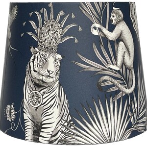 Jungle Lampshade Ceiling Light Shade Navy Blue Teal Mustard Yellow Grey Safari Animal Tropical Leopard Tiger Monkey Bird Palm Leaf Gifts