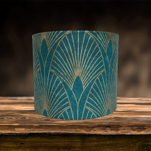 Art Deco Lampshade for Ceiling & Table Lamps, Teal Green Gold Geometric Drum Light Shade