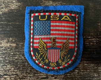 May include: A rectangular blue felt patch featuring an embroidered design with the text USA at the top. The center displays an American flag above a golden eagle clutching a shield with red and white stripes, all bordered by a red and silver trim.