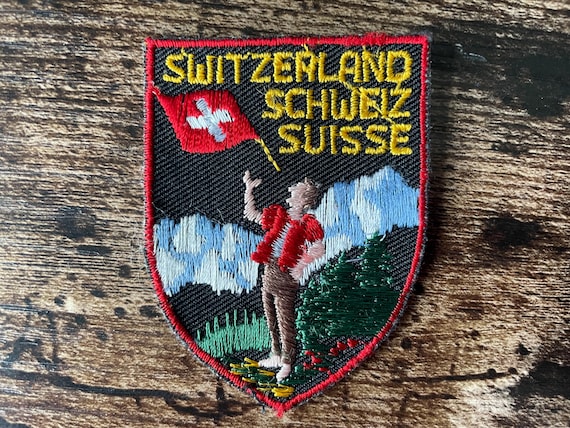 Vintage Patch Switzerland, embroidered Swiss Alps applique — Alpine Skiing patch from Schweiz