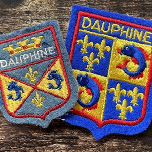 Peut inclure: Deux écussons brodés en forme de bouclier, portant tous deux le texte DAUPHINE. Le plus petit est gris avec des sections jaunes et bleues, tandis que le plus grand est bleu avec des sections jaunes et bleues, arborant des motifs de fleur de lys et de dauphin.